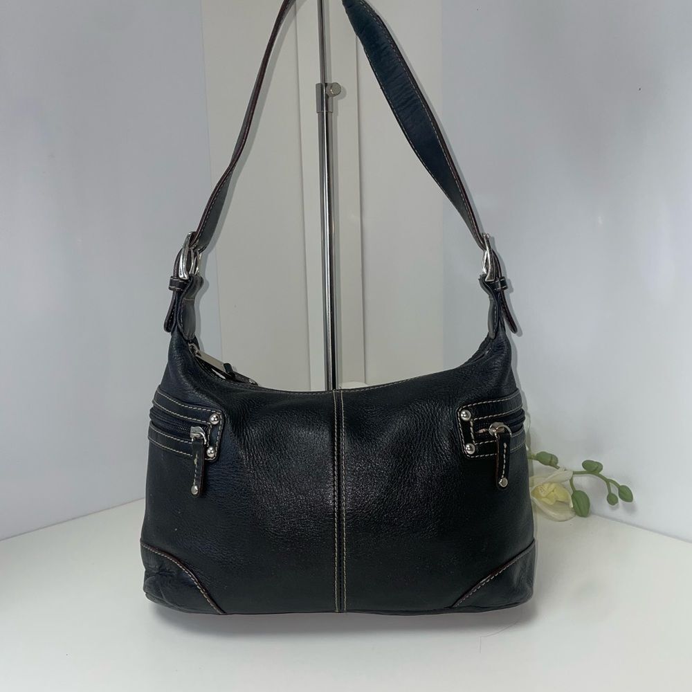 Tignanello Black Leather Shoulder Bag with Silver Accents